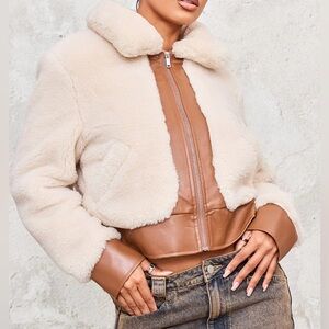 PLT Faux Fur & Leather jacket Cream & Tan Size 8 NWT